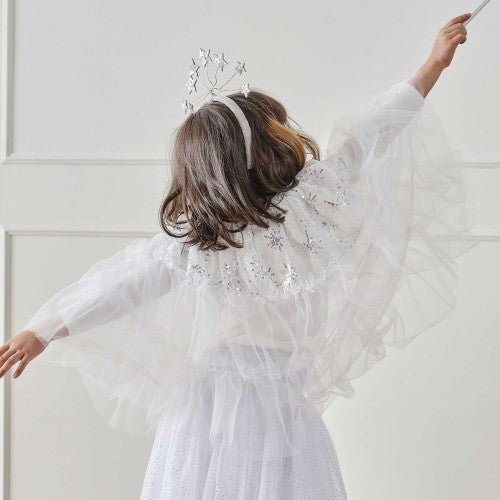 White and silver sparkling fairy princess cape for dress-up, perfect for magical play and costume parties.