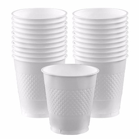 Frosty white 355ml plastic cups in a pack of 20, perfect for any beverage at parties, picnics, or everyday use.
