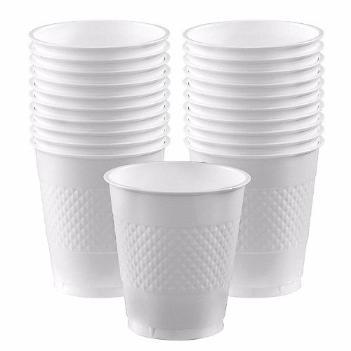 Frosty white 355ml plastic cups in a pack of 20, perfect for any beverage at parties, picnics, or everyday use.