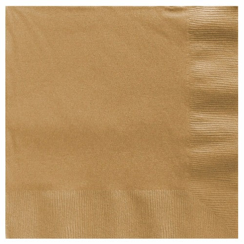 Pack of 20 gold 2-ply luncheon napkins, 33cm x 33cm, perfect for elegant dining and spills at any occasion.