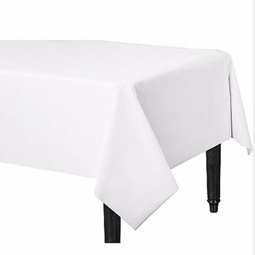 Frosty white rectangular plastic table cover, 137cm x 274cm, ideal for elegant events and easy cleanup.