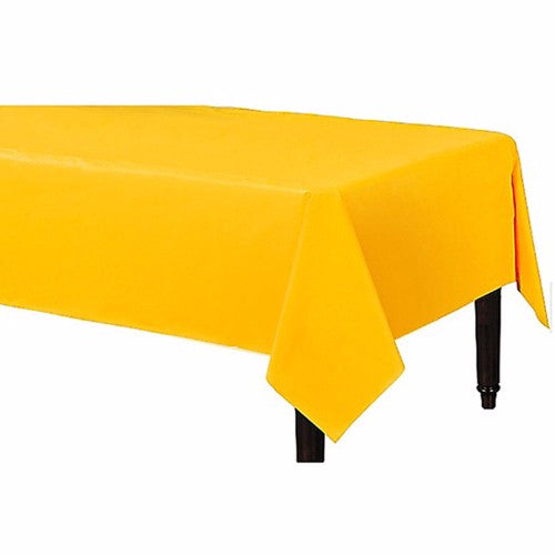 Bright yellow rectangular plastic tablecover, measuring 137cm x 274cm, ideal for festive gatherings and easy cleanup.