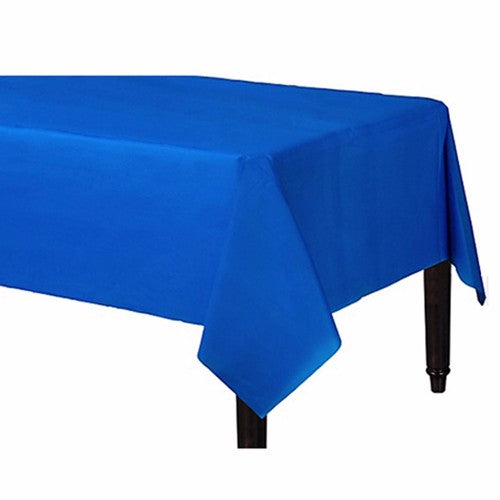 Bright royal blue plastic table cover, 137cm x 274cm, perfect for enhancing event decor at parties and weddings.