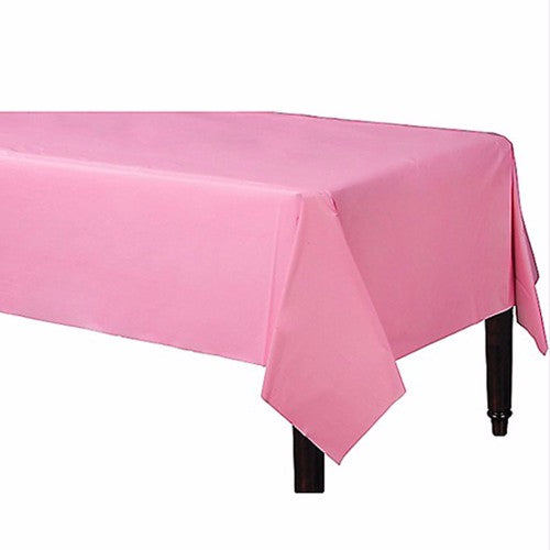 Pastel pink rectangular plastic table cover, 137cm x 274cm, perfect for elegant events, waterproof and easy to clean.