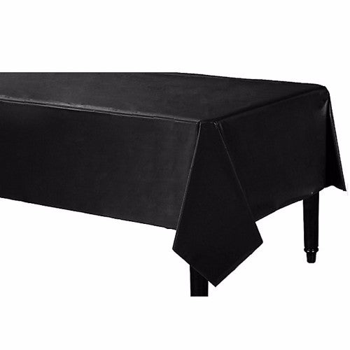 Rectangle Jet Black Plastic Tablecover, 137cm x 274cm, durable, elegant, disposable, perfect for any event setting.