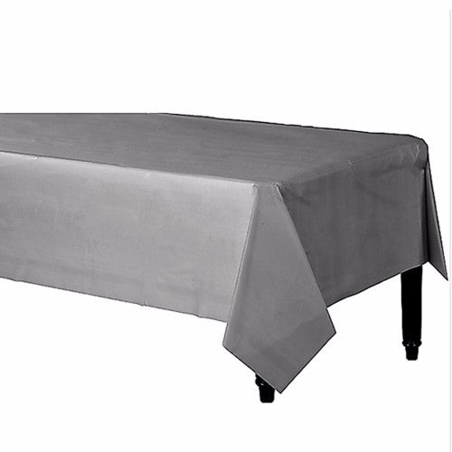 Elegant silver plastic tablecover, 137cm x 274cm, ideal for parties and events, easy to clean and stylish.