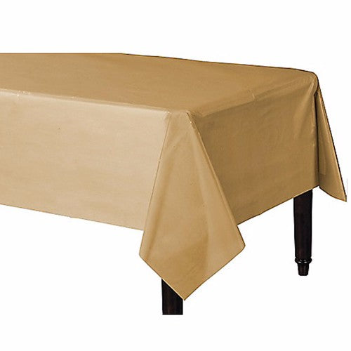 Gold rectangular plastic tablecover measuring 137cm x 274cm, ideal for elevating event decor with elegance and ease.