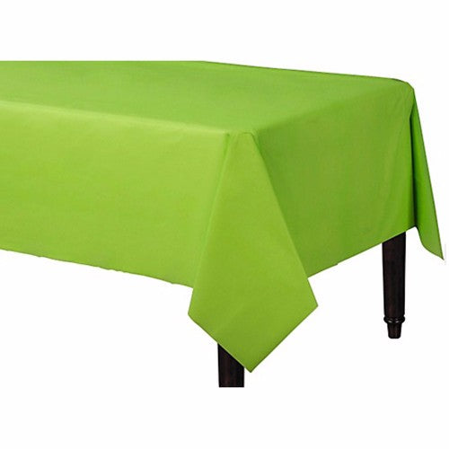 Vibrant kiwi lime green rectangular plastic table cover, 137cm x 274cm, perfect for protecting tables at any event.