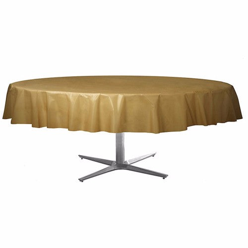 Round gold plastic tablecover, 213 cm, perfect for elegant parties and easy cleanup, adding luxury to any event.