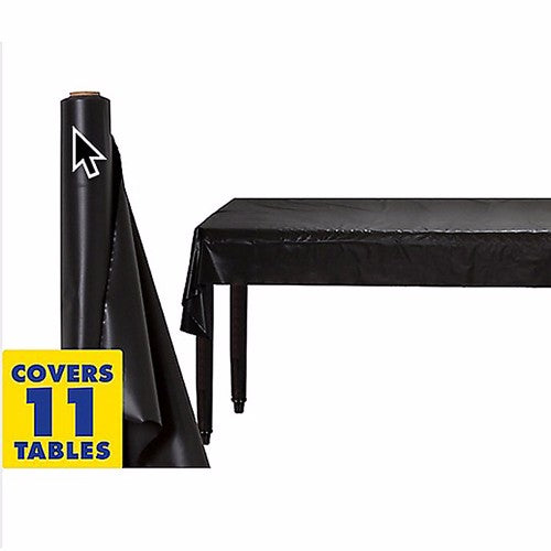 Jet black plastic tablecover roll, 1.22m x 30.48m, fits 12 banquet tables, ideal for elegant event decor and easy cleanup.