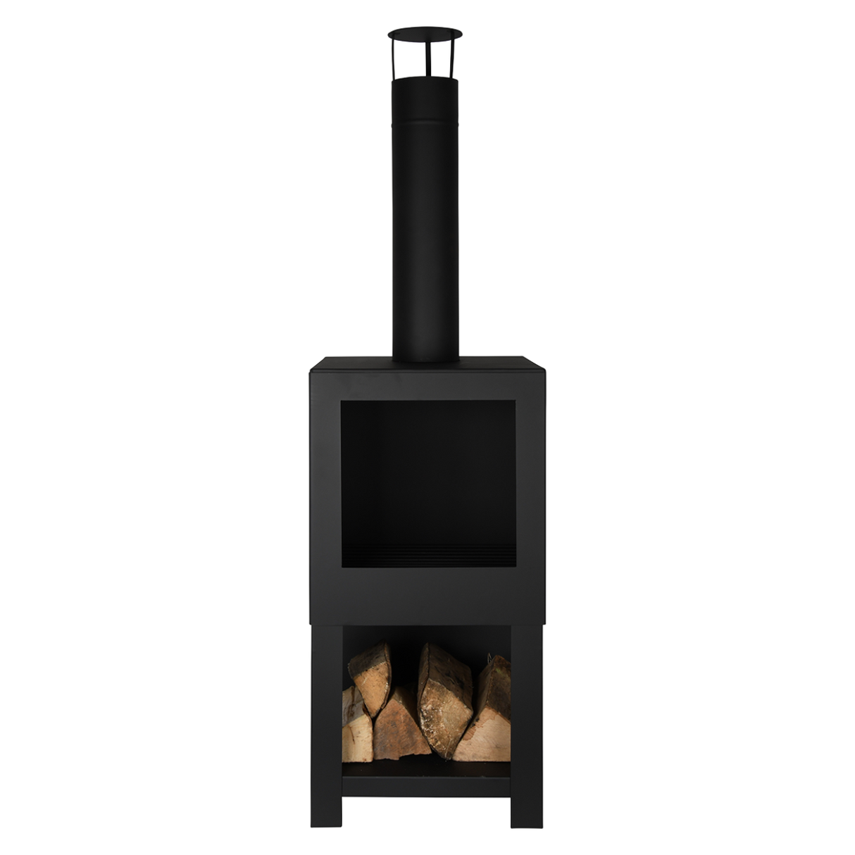 Stylish black terrace heater with wood storage, measuring 38 x 38 x 136 cm, perfect for outdoor warmth and gatherings.