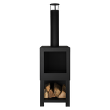 Stylish black terrace heater with wood storage, measuring 38 x 38 x 136 cm, perfect for outdoor warmth and gatherings.