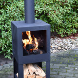 Sleek black terrace heater with storage, 136cm tall, perfect for outdoor warmth and style during chilly evenings.