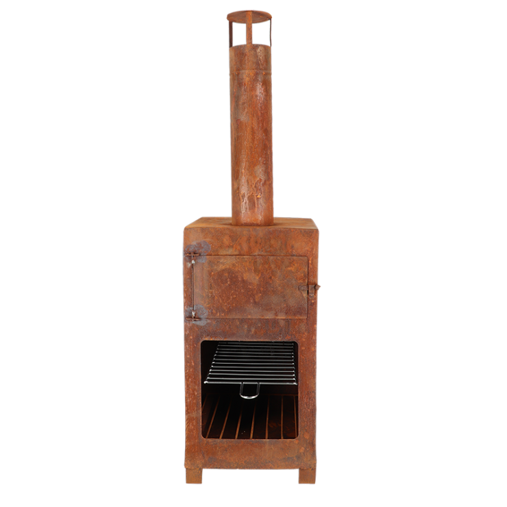 Rust-colored patio heater with pizza oven, perfect for outdoor warmth and cooking; includes pizza stone and barbecue rack.