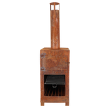 Rust-colored patio heater with pizza oven, perfect for outdoor warmth and cooking; includes pizza stone and barbecue rack.