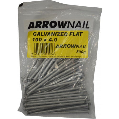 Premium flat head galvanized nails, 100mm x 4.0mm, 500gm pack, for durable and corrosion-resistant construction projects.