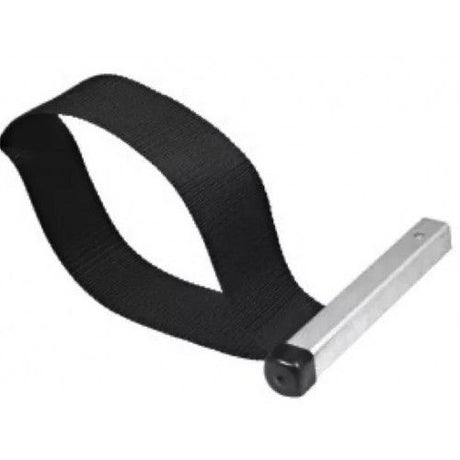Truper Strap Type Oil Filter Wrench with steel handle and non-slip nylon band for easy filter removal and installation.