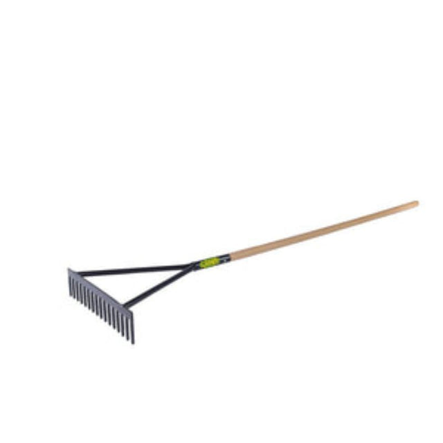 Heavy-duty asphalt rake with 16 steel teeth, sturdy wooden handle, ideal for fire clean-up and road maintenance tasks.