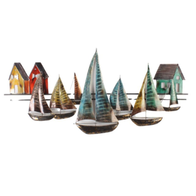 Metal wall hanging featuring a sailing regatta design, perfect for nautical-themed decor, measuring 1.18m wide.