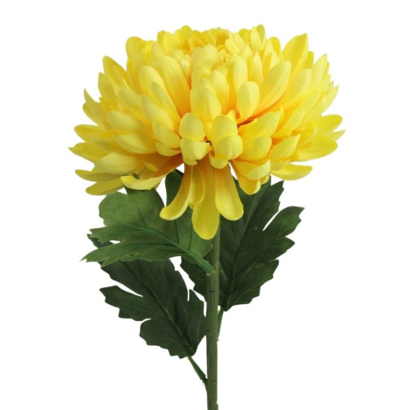 Bright yellow artificial chrysanthemum flower, 56cm high, perfect for home decor with life-like petals and elegant design.