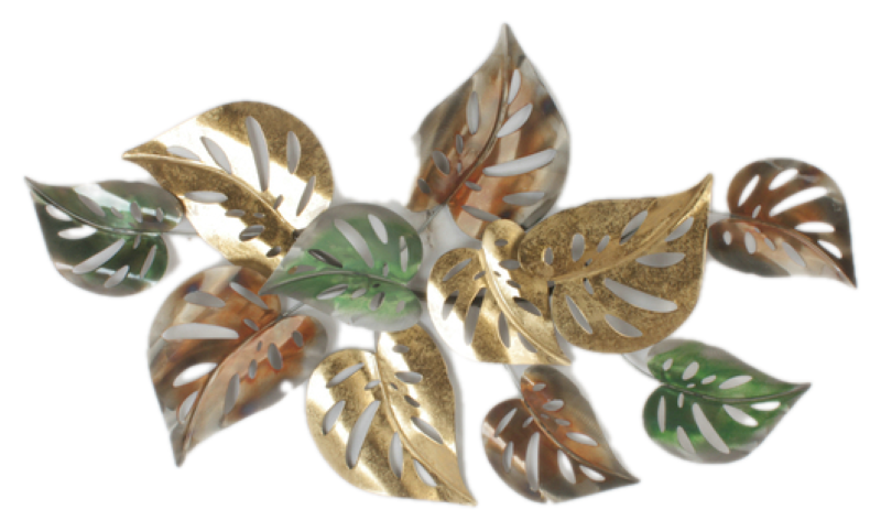 Metal wall art featuring intricately designed, vibrant colored leaves, perfect for enhancing home decor with natural beauty.