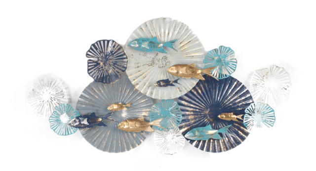 Metal wall hanging featuring abstract circles and elegant fish designs, ideal for modern and nature-inspired decor.