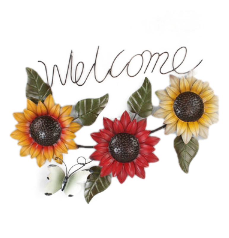 Bright metal welcome sign featuring a vibrant sunflower, perfect for indoor or outdoor entryways. Durable and charming decor piece.