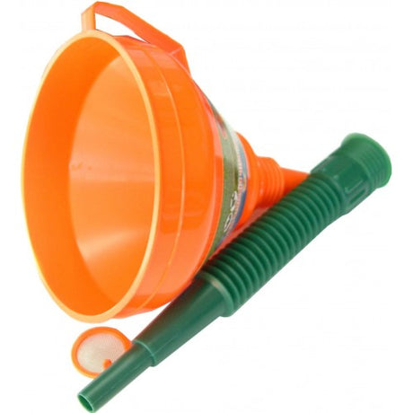 Flexible spout plastic funnel with strainer, ideal for easy pouring and reaching tight spots in the kitchen or garage.