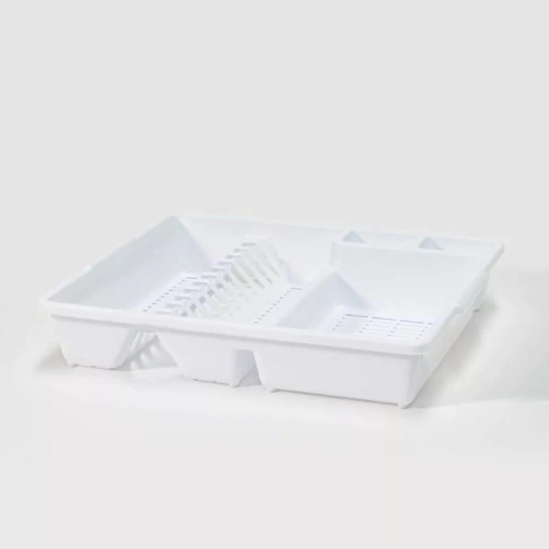 Lightweight plastic dish rack with multiple compartments for efficient drying of dishes, utensils, and pots, promoting kitchen organization.