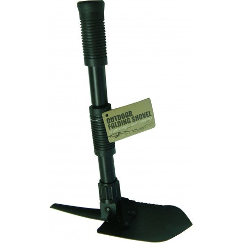 Compact folding camp shovel with durable Cardon Steel blade, rubber handle, and versatile mini shovel/pick design.