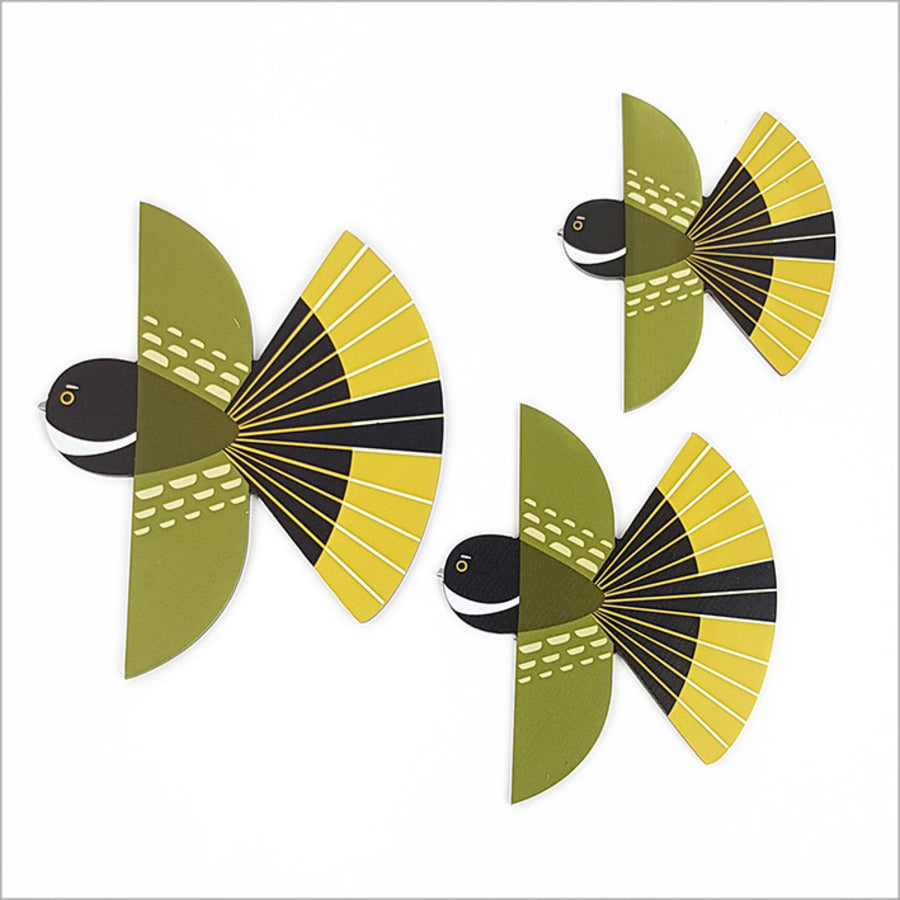 Set of 3 Kiwiana-inspired printed ACM folk art fantail birds, showcasing vibrant colors and New Zealand charm.