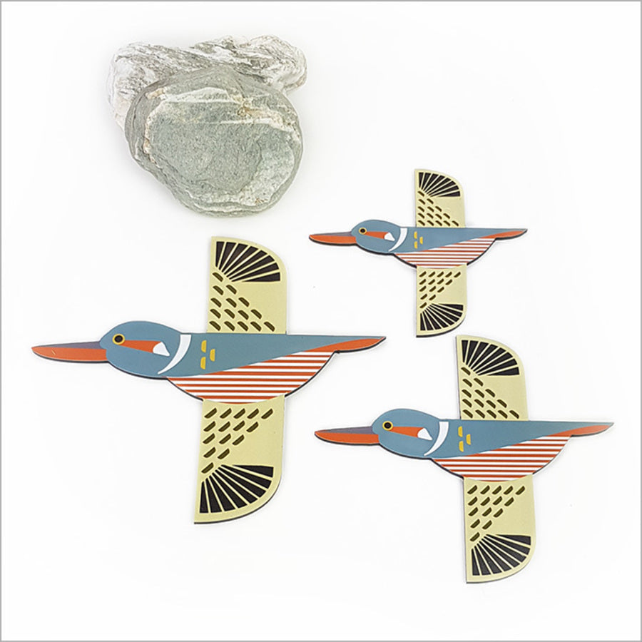 ACM wall art set featuring three vibrant Folk Kingfishers, ideal for Kiwiana decor and versatile indoor/outdoor display.