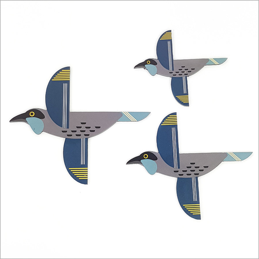 Set of 3 Kiwiana Kokako wall art pieces printed on brushed silver ACM, celebrating New Zealand's native bird beauty.