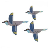 Set of 3 Kiwiana Kokako wall art pieces printed on brushed silver ACM, celebrating New Zealand's native bird beauty.
