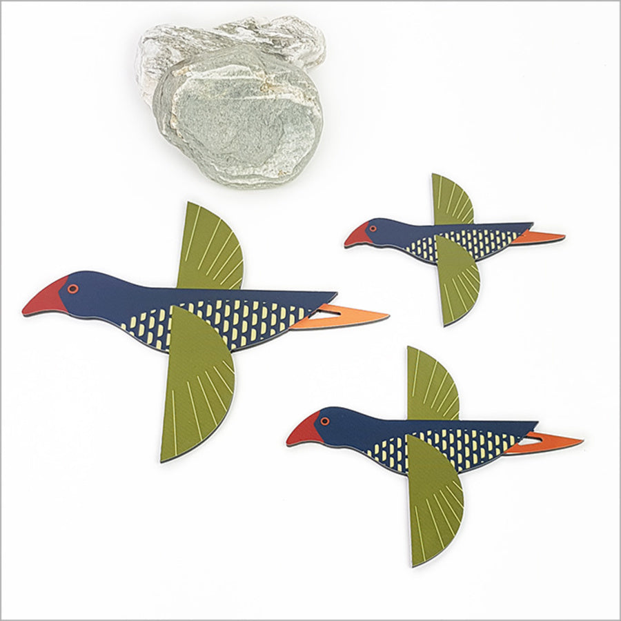Set of 3 Pukeko bird wall art prints on ACM with brushed silver finish, ideal for Kiwiana-themed decor.
