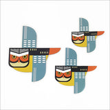 Set of 3 printed Ruru wall art pieces on brushed silver, showcasing vibrant Kiwiana designs for indoor or sheltered outdoor spaces.
