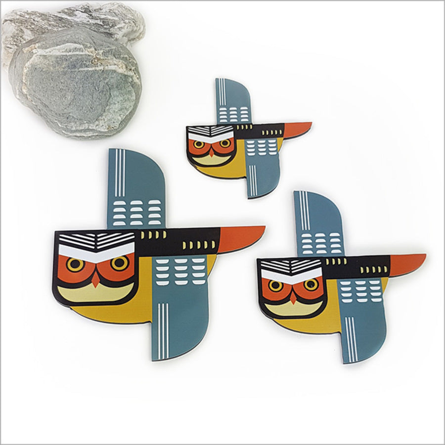 Set of 3 printed wall art depicting vibrant Ruru birds on brushed silver ACM, perfect for Kiwiana-themed decor.