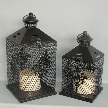 Elegant black mesh lanterns set (2) for home decor, measuring 19x35 cm & 22x44 cm, perfect for indoor or outdoor gatherings.