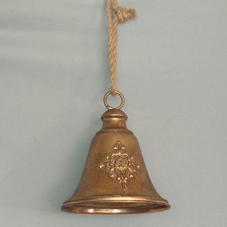 Elegant gold bell with hemp rope, measuring 19 x 21cm, perfect for home decor and creating a welcoming ambiance.