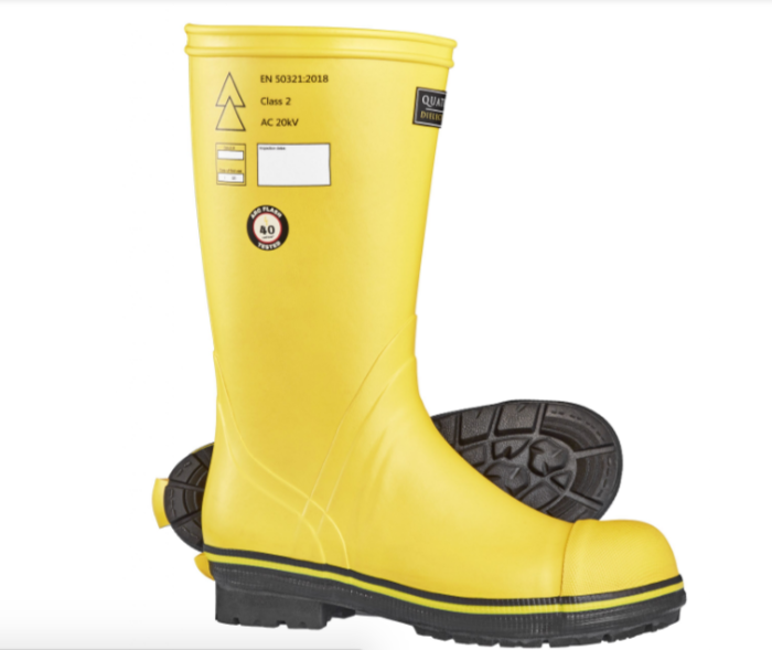 Yellow knee-length gumboots (UK 14) with dielectric protection, waterproof design, and secure ankle fit for high-voltage safety.