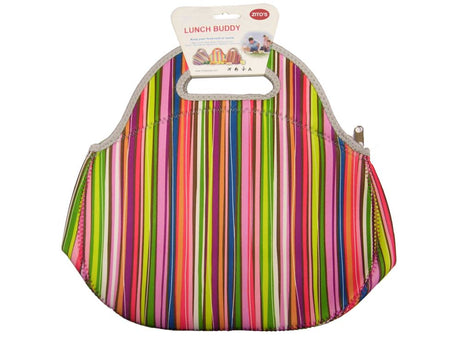 Stylish Lunch Buddy Stripes bag made of durable neoprene, keeping meals cool or warm, perfect for picnics and daily use.