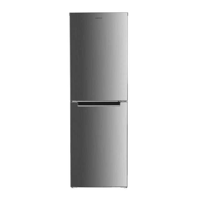 Silver Parmco fridge freezer with 253L capacity, bottom mount design, electronic control, and reversible door for kitchen convenience.