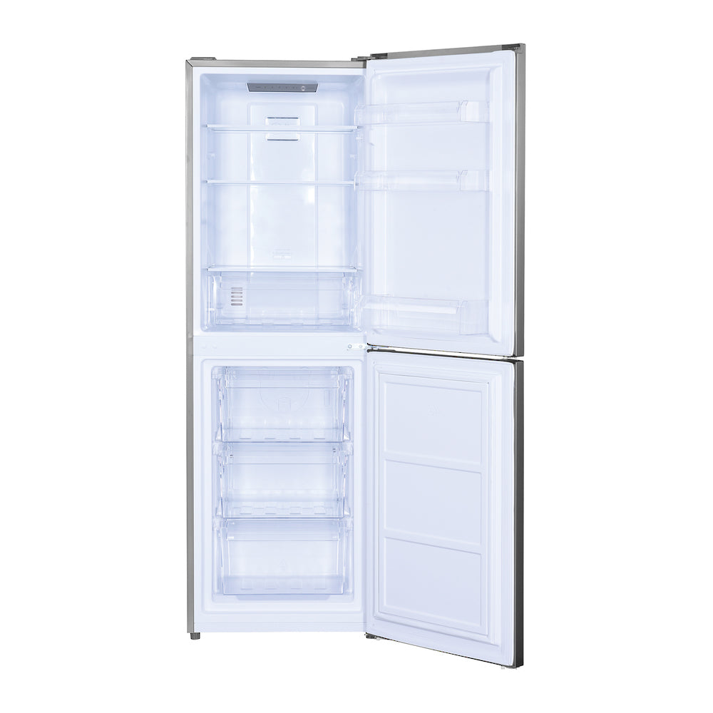 Sleek silver Parmco fridge freezer with 253L capacity, electronic control, glass shelves, and frost-free design for convenience.