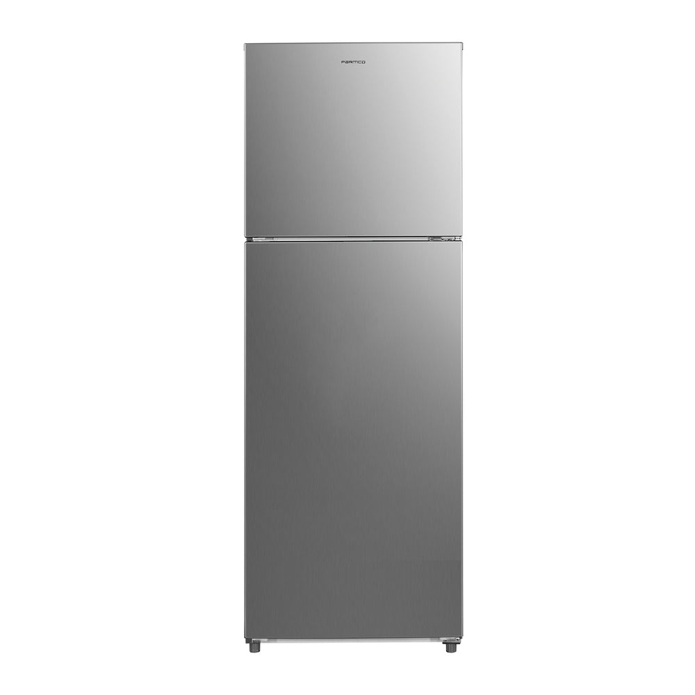 Sleek silver Parmco 362L top mount fridge freezer with adjustable shelves, frost-free tech, ideal for small families.