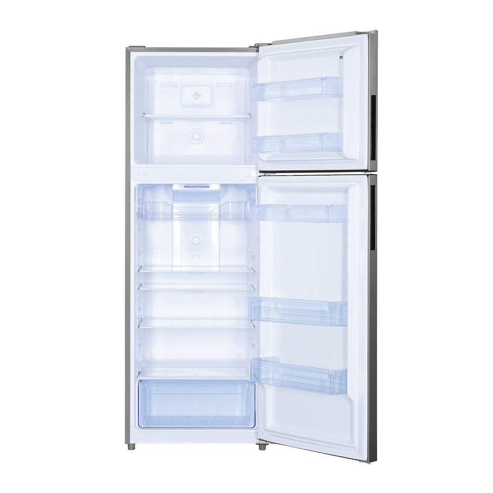 Sleek silver Parmco 362L top mount fridge freezer with adjustable shelves, electronic control, and frost-free technology.