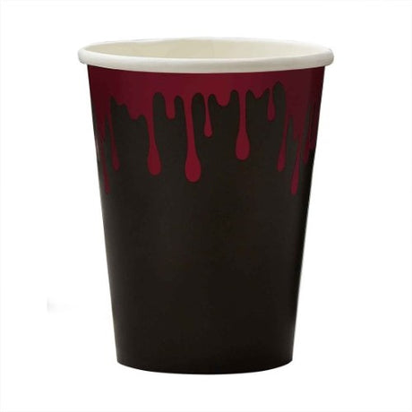 Fright Night Blood Drip Paper Party Cups with eerie blood drip designs, ideal for Halloween festivities and spooky gatherings.