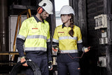 Women's yellow and navy FR closed front shirt with concealed press stud and breathable mesh for safety and comfort at work.