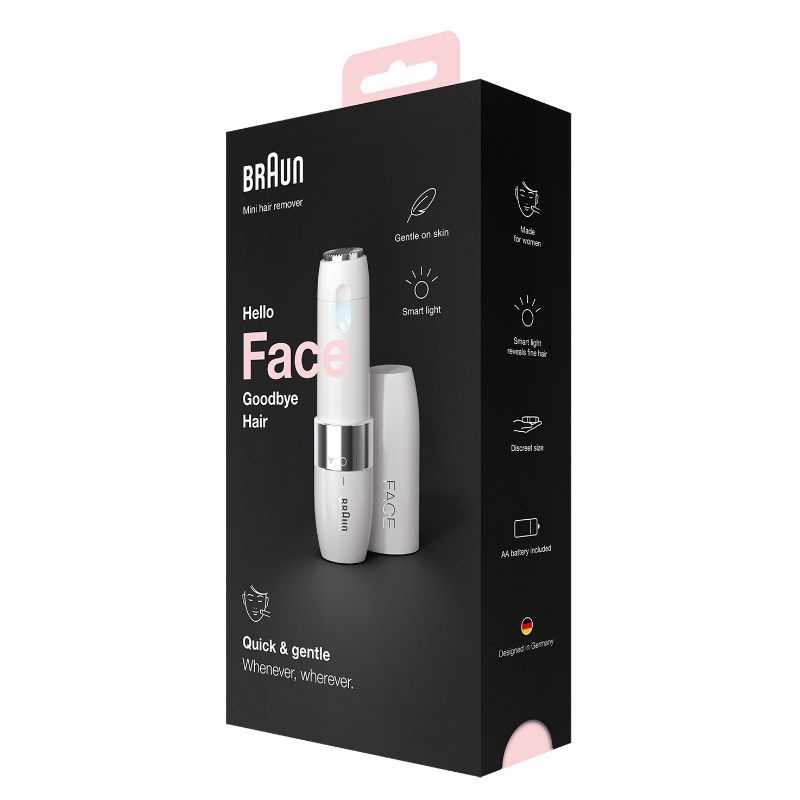 Braun FS1000 Face Mini Hair Remover in white with Smartlight for precise, gentle facial hair removal anytime, anywhere.