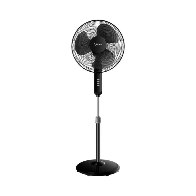 Midea FS40-19K stand/table fan in black, featuring 3 speed levels, 85° oscillation, and adjustable height for versatile cooling.