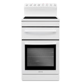 White freestanding ceramic stove with 70L multi-function oven, 20L grill drawer, and six cooking functions for modern kitchens.